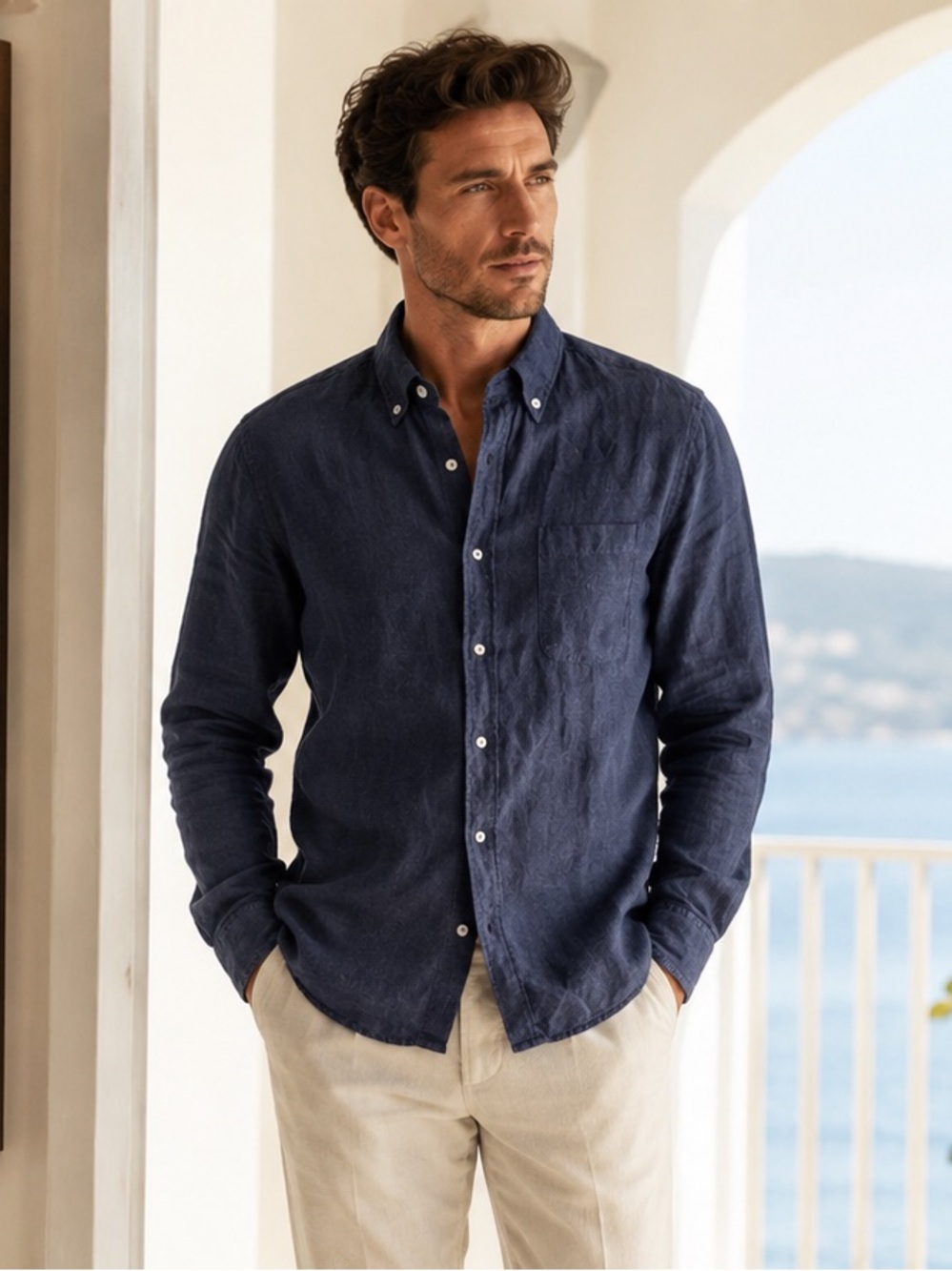 Porter & Ash Men’s M 100% Linen Navy Button Down Shirt Coastal Preppy Cruise